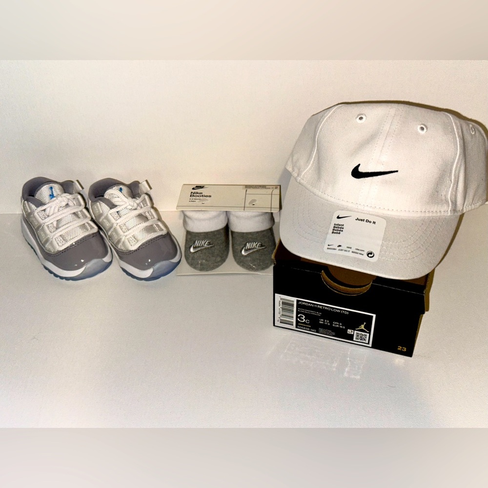 NWT- Baby Package Jordan Retro Low Gray🔥 Matching Nike Socks And Hat?🤩